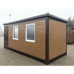 Oficina Modular en Estructura de Contenedor de 6×2,4 Metros, Acabado en Revestimiento Madera